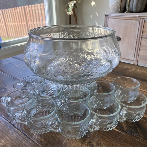 Dining Vintage Crystal Glass Punch Bowl Plus 1 Mug Set